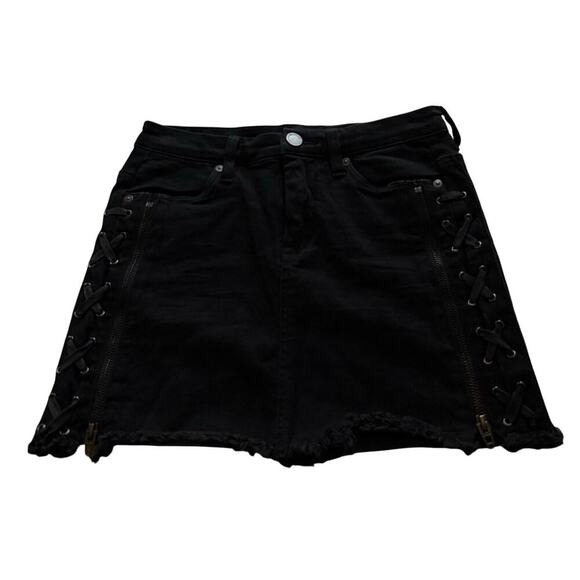 BlankNYC Black Lace-Up Denim Mini Skirt Moto Edgy Zipper Raw Hem Y2K Grunge 24 - Picture 3 of 8